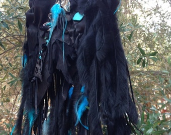 showdiva designs Large Black  Leather Bag Purse Tote LoNg Toscana FriNgE n Sterling flower n Hand Sculpted Flowers