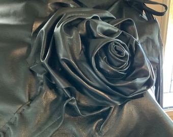 showdiva Dramatic Asymmetrical Leather Coat with Hand Sculpted Flower n leaves