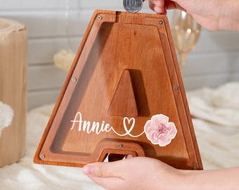 Tirelire personnalisée en bois avec lettre, fleur de naissance, décoration de chambre d'enfant avec prénom personnalisé