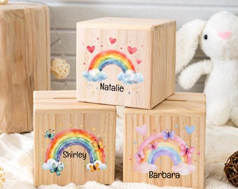 Tirelire arc-en-ciel personnalisée, cadeau tirelire pour enfants, tirelire en bois pour bébé fille garçon, tirelire pour enfants, décoration de chambre d'enfant, cadeau d'anniversaire pour enfants