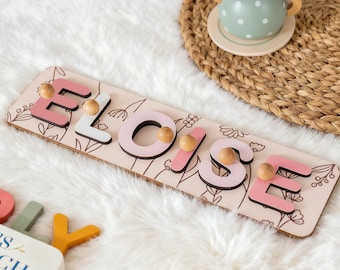 Casse-tête personnalisé prénom pour bébé, cadeau 1er anniversaire pour bébé, casse-tête pour bébé fleurs à motifs, jouets pour tout-petits, décoration de chambre d'enfant, planche occupée petite fille