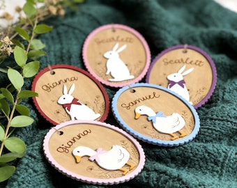Étiquette personnalisée de panier de Pâques, étiquettes de nom d'oie de lapin, étiquettes de cadeau de Pâques en bois d'enfants, étiquette de panier de chasse aux oeufs de pâques, décoration de cadeau de Pâques d'enfants