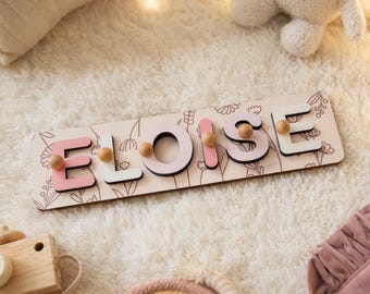 Casse-tête personnalisé prénom pour bébé, cadeau 1er anniversaire pour bébé, casse-tête pour bébé fleurs à motifs, jouets pour tout-petits, décoration de chambre d'enfant, planche occupée petite fille