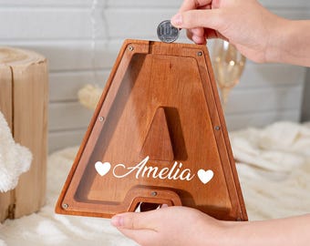 Personalized Letter Piggy Bank: Wooden Intial Coin Bank With Kids Name