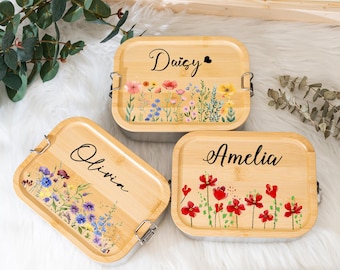 Lonchera personalizada con flores, lonchera de acero inoxidable con nombre personalizado, panera para preescolar con nombre, regalo para niños de vuelta al cole