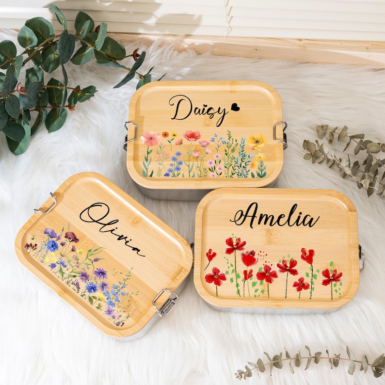 Custom Flower Lunch Box,Personalized Stainless Steel Name Lunch Box,Kindergarten Preschool Bread Box With Name,Back To School,Kids Gifts