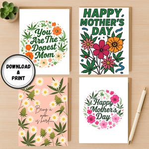 Pacote de Cartões de Dia das Mães para Mães Amantes de Maconha – Cartões para Mães Cannabis para Imprimir – Download Digital – 4 Cartões Engraçados para Mães Descoladas