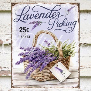 Zbieranie lawendy, kosz lawendy vintage, rustykalna sztuka ścienna z kwiatów w stylu wiejskim, znak DIY, akcent wieńca, dekoracja tacy piętrowych DIGITAL Print 022