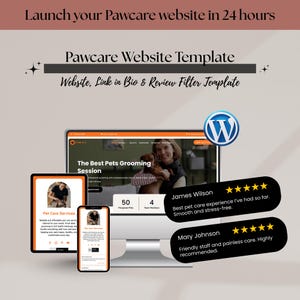 Könnte beinhalten: Werbebild für eine Pawcare-Website-Vorlage. Das Bild zeigt einen Computer, ein Tablet und ein Telefon, die eine Website-Oberfläche anzeigen. Der Text enthält "Starten Sie Ihre Pawcare-Website in 24 Stunden" und Kundenbewertungen.