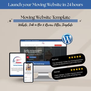 Könnte beinhalten: Werbung für eine Website-Vorlage für Umzugsunternehmen. Das Bild zeigt einen Computer, ein Tablet und ein Smartphone, die das Website-Design anzeigen. Der Text enthält "Starten Sie Ihre Umzugs-Website in 24 Stunden" und Kundenbewertungen.