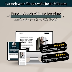 Puede incluir: Imagen promocional para una plantilla de sitio web de entrenador de fitness. La imagen presenta una computadora de escritorio, una tableta y un teléfono inteligente que muestran maquetas de sitios web. El texto incluye "Fitness Coach Website Template" y testimonios de clientes.