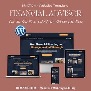 Peut inclure: Modèle de site Web pour les conseillers financiers, avec un thème bleu foncé et noir et le texte "Meilleure planification financière et gestion à Édimbourg". Le modèle est présenté sur un ordinateur portable, une tablette et un smartphone.