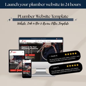 May include: An advertisement for a plumber website template, featuring a computer monitor, tablet, and smartphone displaying a website design. Text includes "Launch your plumber website in 24 hours" and customer testimonials.