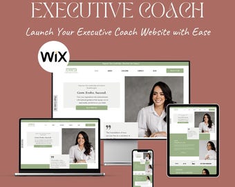 May include: A website template for an executive coach, displayed on a laptop, tablet, smartphone, and desktop computer. The template features a clean, modern design with a green and white color scheme. The text includes "Jennifer - Website Template!" and "EXECUTIVE COACH".