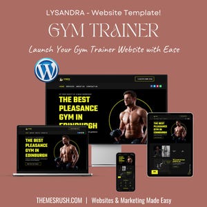 Puede incluir: Una plantilla de sitio web para un entrenador de gimnasio, con un esquema de color negro y amarillo con el texto "The Best Pleasance Gym in Edinburgh". El sitio web se muestra en una computadora portátil, una computadora de escritorio y un teléfono móvil.
