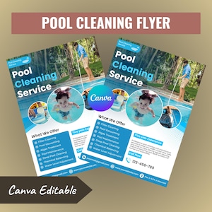 Może przedstawiać: Dwa ulotki promujące usługę czyszczenia basenów. Ulotki przedstawiają dziecko w basenie, szczegóły usługi i tekst "POOL CLEANING FLYER". Widoczne jest logo Canva. Usługi obejmują czyszczenie filtrów i usuwanie glonów.