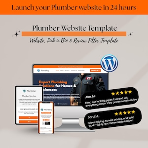 May include: A computer monitor, tablet, and smartphone showcasing a plumber website template. The website displays "Expert Plumbing Solutions for Homes & Businesses." Customer reviews are visible. The text "Launch your Plumber website in 24 hours" is at the top.