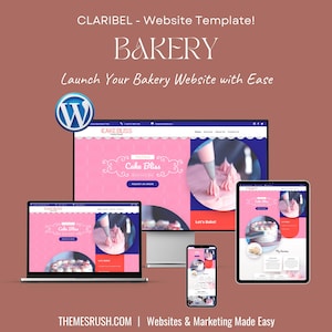 May include: A website template for a bakery business, featuring a pink and blue color scheme. The website is displayed on a laptop, tablet, and smartphone. The website includes a logo, a menu, and a call to action to request an order. The text "Cake Bliss" is featured on the website.