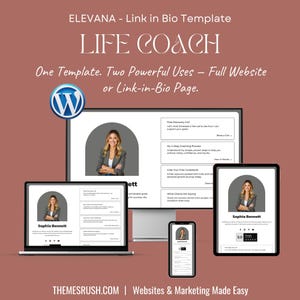 ELEVANA – Life Coach Link in Bio Template, WordPress Mini Website Design, Editable Instagram Bio Link Page, Life Coach Bio Website