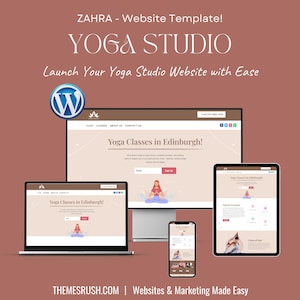 Op de afbeelding: Een website-sjabloon voor een yogastudio, met een lichtbruine achtergrond en een website-mockup op een laptop, tablet en smartphone. Het ontwerp van de website is modern en strak, met de nadruk op yogalessen in Edinburgh. De website wordt aangedreven door WordPress.