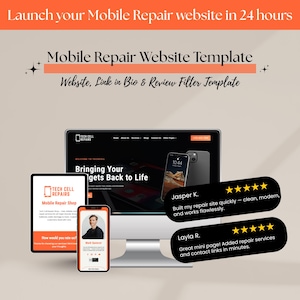 Könnte beinhalten: Werbebild für eine Vorlage für eine Website zur mobilen Reparatur. Das Bild zeigt einen Computermonitor, ein Tablet und ein Smartphone, die Website-Mockups anzeigen. Der Text enthält Kundenbewertungen und "Starten Sie Ihre mobile Reparatur-Website in 24 Stunden".