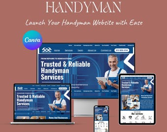 Könnte beinhalten: Werbung für eine Website-Vorlage für einen Handwerker. Das Bild zeigt einen Laptop, einen Desktop-Monitor, ein Tablet und ein Smartphone, die ein Website-Design anzeigen. Der Text enthält "Vertrauenswürdige & zuverlässige Handwerkerdienste" und "Starten Sie Ihre Handwerker-Website mit Leichtigkeit."