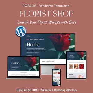 Op de afbeelding: Een website sjabloon voor een bloemist, met een desktop computer, tablet en smartphone die een website mockup tonen met de tekst "Florist" en "Our Specialties". De website is ontworpen om bloemisten te helpen hun online aanwezigheid gemakkelijk te lanceren.