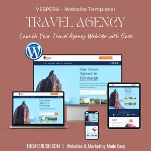以下が含まれることがあります： 旅行代理店のウェブサイトテンプレート。WordPressのロゴ、デスクトップコンピューター、ラップトップ、タブレット、スマートフォンがすべて表示されており、ウェブサイトのデザインは「Our Travel Agency in Edinburgh」というテキストが表示されています。背景は単色で赤です。