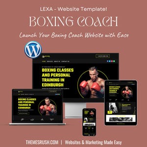以下が含まれることがあります： ボクシングコーチのためのウェブサイトテンプレート。黒と黄色のウェブサイトデザインで、背景にはボクサーがいます。このウェブサイトはWordPressで構築されており、ボクシングコーチのウェブサイトを簡単に立ち上げるための行動喚起が含まれています。