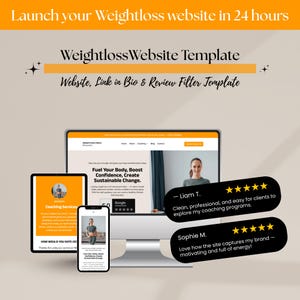 Może przedstawiać: Obraz promocyjny dla szablonu strony internetowej odchudzania. Obraz przedstawia monitor komputera, tablet i smartfon wyświetlające projekt strony internetowej. Tekst zawiera "Weightloss Website Template" i referencje klientów.