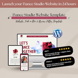 Könnte beinhalten: Werbebild für eine Tanzstudio-Website-Vorlage. Das Bild zeigt einen Computermonitor, ein Tablet und ein Smartphone, die ein Website-Design anzeigen. Der Text enthält "Starten Sie Ihre Tanzstudio-Website in 24 Stunden" und "Tanzstudio-Website-Vorlage".