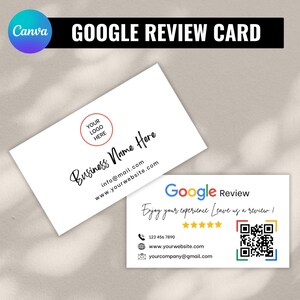 May include: White Google Review cards with the text "GOOGLE REVIEW CARD" at the top. One card has a space for a logo and business name. The other card has a QR code and contact information.