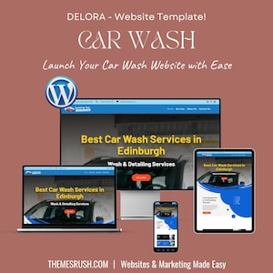 Op de afbeelding: Een website-sjabloon voor een autowasbedrijf. De sjabloon heeft een blauw en wit kleurenschema met de tekst "Best Car Wash Services in Edinburgh" en "Wash & Detailing Services". De sjabloon is ontworpen om te worden gebruikt met WordPress.