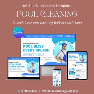 May include: A website template for pool cleaning businesses. The template features a blue and white color scheme with the text "POOL BLISS EVERY SPLASH EVERY TIME" and a photo of a pool cleaning technician. The template is designed to be easy to use and customize, and it includes all the features you need to launch your own pool cleaning website.