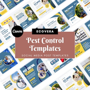 Może przedstawiać: Zestaw szablonów postów w mediach społecznościowych dla usług zwalczania szkodników. Szablony zawierają różnorodne projekty ze zdjęciami specjalistów od zwalczania szkodników, owadów i ofert promocyjnych. Schemat kolorów obejmuje niebieski, żółty i biały.