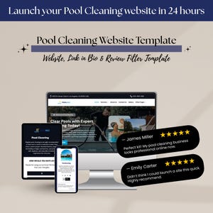 Peut inclure: Image publicitaire pour un modèle de site web de nettoyage de piscine. L'image présente un ordinateur, une tablette et un smartphone affichant une interface de site web. Le texte comprend "Lancez votre site web de nettoyage de piscine en 24 heures".