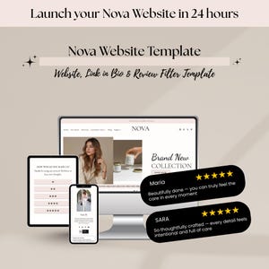 May include: A digital marketing image showcasing a website template. The image features a computer monitor, tablet, and smartphone displaying a website interface. Text includes "Nova Website Template" and customer reviews. The color scheme is neutral with a focus on user experience.