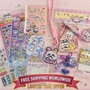 May include: A collection of stationery items featuring Chiikawa characters, including a pink notebook, sticker sheets, a lanyard, a pen, a small calendar, and acrylic keychains. The items are decorated with various cartoon animal illustrations.