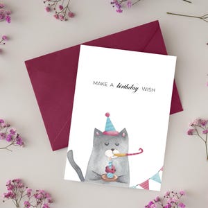 Faça um desejo de aniversário, cartão de aniversário divertido para impressão de gato, cartão 5x7, cartão para download, cartão de feliz aniversário de gato engraçado, cartão de felicitações, cartão em branco