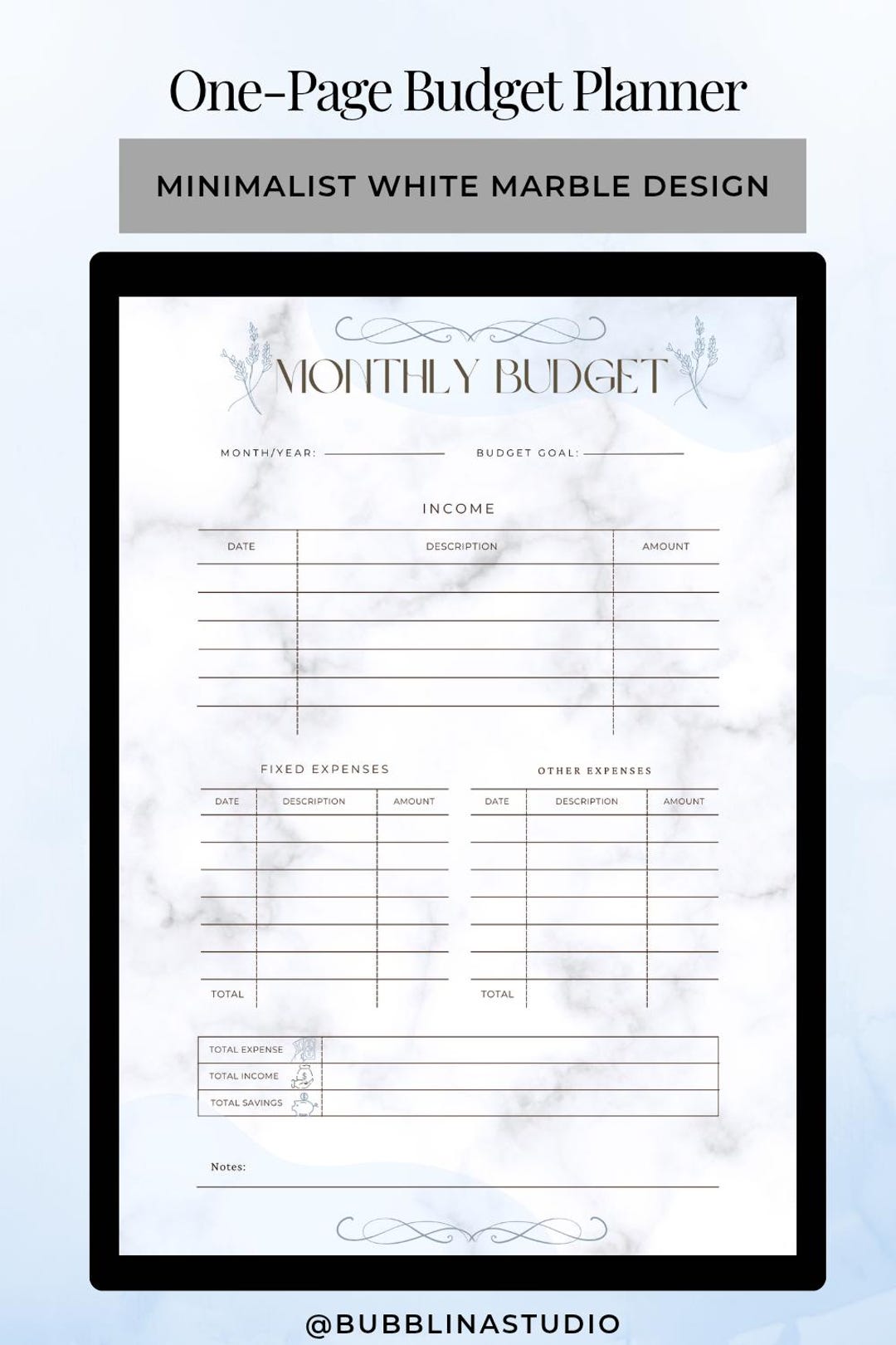 Budget One Page Examples One-page Budget Planner | Minimalist Marble Budget Sheet | Digital ...