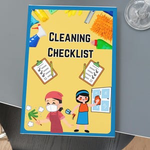 May include: A cleaning checklist with a yellow background and blue border. The cover features illustrations of cleaning supplies and two cartoon figures. The text "CLEANING CHECKLIST" is prominently displayed. A bottle of wine and a wine glass are in the background.