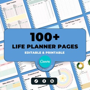 Op de afbeelding: Een collage van kleurrijke plannerpagina's met de tekst "100+ LIFE PLANNER PAGES EDITABLE & PRINTABLE Canva EDIT IN CANVA" in een blauwe box. De pagina's bevatten een verscheidenheid aan trackers, lijsten en grafieken om je leven te organiseren.