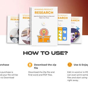 May include: A digital product download for winning product research. The image shows a set of four printable workbooks with the title "Winning Product Research" and a description of how to use the product. The workbooks are in a white background with colorful illustrations.