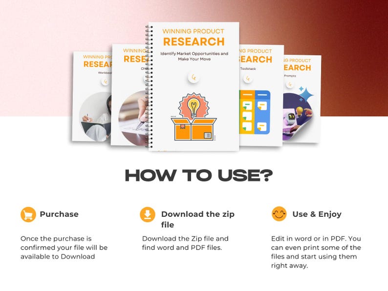 May include: A digital product download for winning product research. The image shows a set of four printable workbooks with the title "Winning Product Research" and a description of how to use the product. The workbooks are in a white background with colorful illustrations.