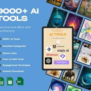 Könnte beinhalten: Ein blaues und weißes digitales Tablet mit dem Text "9.000+ KI-TOOLS" und "Eine vollständige Datenbank". Das Tablet ist von bunten Bildern verschiedener Motive umgeben, darunter Tiere, Natur und Essen.