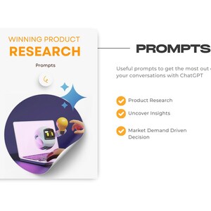 May include: A notebook with a spiral binding and a cover that says "Winning Product Research" with a robot holding a lightbulb on a laptop. The notebook has a page turned over to reveal a list of prompts for product research, including "Product Research", "Uncover Insights", and "Market Demand Driven Decision".