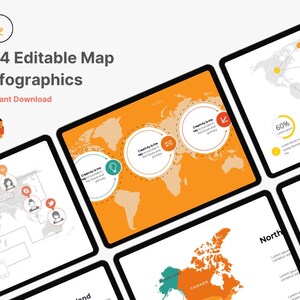 May include: A collection of digital map infographics displayed on tablets. The title reads "114 Editable Map Infographics" with "Instant Download" below. The designs feature world maps, charts, and diagrams in orange, teal, and white.