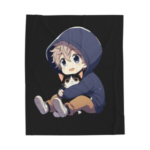Cute Cat Hugging Boy Velveteen Plush Blanket, Cozy Throw for Kids, Cartoon Decor, Cat Lover Gift, Warm Nursery Blanket, Soft Sofa Throw