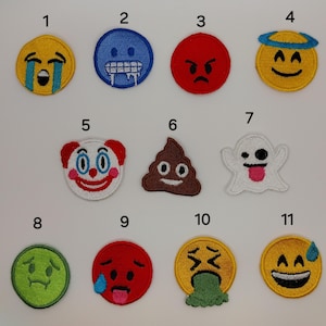 Embroidered Emoji Patches, 55 Different Styles, Poop Emoji Patch, Happy Face Patch, Sad Face Patch, Ghost, Iron on, Sew on, Hook and Loop