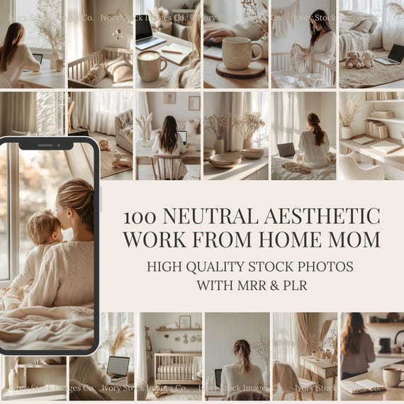 Beige Aesthetic Stock Photos | Work From Home Mom, MRR PLR (Digital Download)